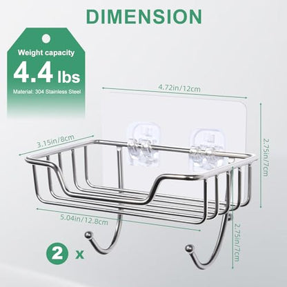 Uten Soap Dish Holder, 304 Rustproof Stainless Steel, No Drilling, Wall Mounted Soap Holder Soap Tray Bar Soap Sponge Holder for Bathroom & Kitchen(Pack 2) - color: Light Sliver / Hook, size: 2 Pack