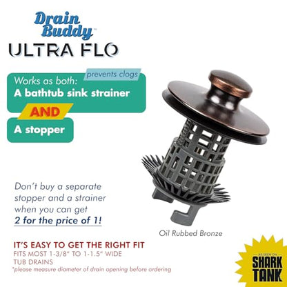 Drain Buddy Ultra Flo No Installation 2 in 1 Clog Preventing Tub Drain Stopper and Hair Catcher for 1 3/8" to 1.5" Bathtubs and Utility Sinks Oil Rubbed Bronze Metal Cap - color: Oil Rubbed Bronze