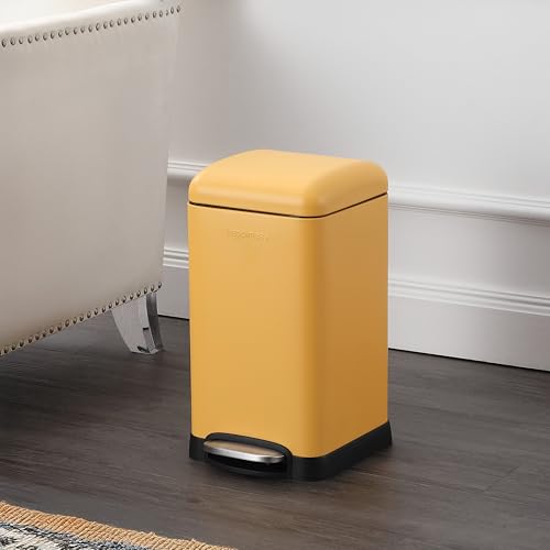 happimess Betty Retro Mini 3.2 Gal Step Trash Can, Daffodil Yellow | Soft-Close Lid, Removable Liner, Iron, Hands-Free Pedal, Satin Finish, Non-Skid Base, Built-In Damper, Modern, Minimalistic - color: Daffodil Yellow