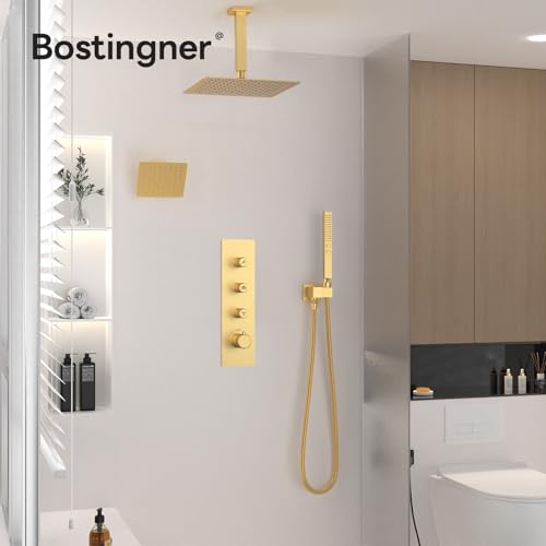 Thermostatic Dual Shower System Brushed Gold,Push Button Diverter Rainfall Shower Faucet Set with 2 in 1 Handheld Spray,12'' Ceiling Mount and 6'' Wall Mount Rainfall Shower System - color: Gold, size: 12"-2