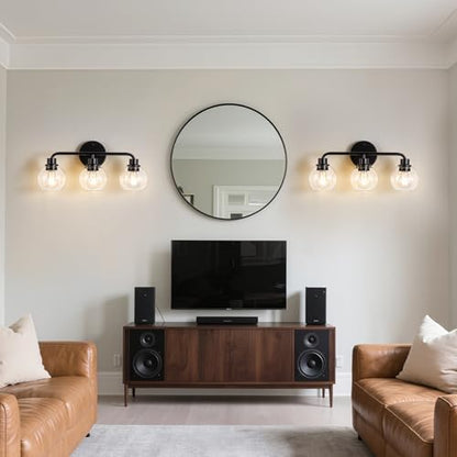 Bathroom Light Fixtures Black Vanity Light, 3 Light Modern Wall Sconces Lighting Bathroom Lights with Globe Clear Glass Shades, Bath Wall Lights Wall Lamp for Mirror Kitchen Living Room Hallway | Wall Sconces Lighting with Globe Clear Glass Shades, Bath W