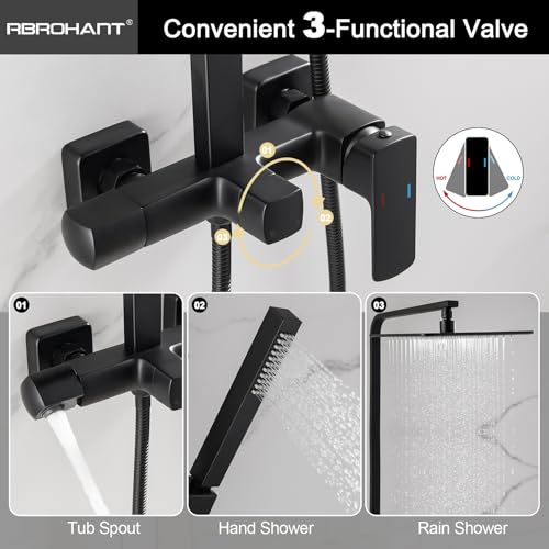 RBROHANT 3 Functions Exposed Shower System, Matte Black Exposed Shower Faucet Set, 10 Inch Rain Shower Head with Handheld and Tub Spout,Shower Height Adjustable, Wall Mounted - color: Matte Black