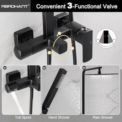 RBROHANT 3 Functions Exposed Shower System, Matte Black Exposed Shower Faucet Set, 10 Inch Rain Shower Head with Handheld and Tub Spout,Shower Height Adjustable, Wall Mounted - color: Matte Black