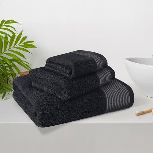 Ultra Soft 3 Pack Cotton Towel Set, Contains a Bath Towel 28x55 inch, a Hand Towel 16x24 inch & a Wash Coth 12x12 inch, Ideal Everyday use, Compact & Lightweight -Black - color: Black, size: 3 Pack Set