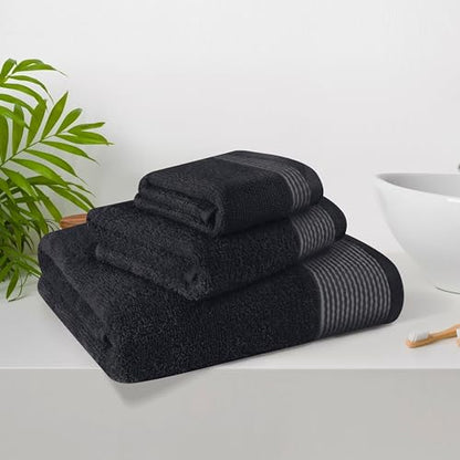Ultra Soft 3 Pack Cotton Towel Set, Contains a Bath Towel 28x55 inch, a Hand Towel 16x24 inch & a Wash Coth 12x12 inch, Ideal Everyday use, Compact & Lightweight -Black - color: Black, size: 3 Pack Set
