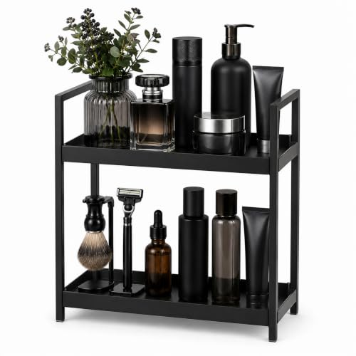 2 Tier Mens Bathroom Counter Shelf Organizer for Skincare Makeup | Bathroom Vanity Countertop Organizer for Perfume Cosmetic, Small Bathroom Organizers and Storage for Sink Dresser, Black - color: Black