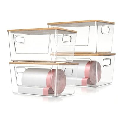 spospo 4 Pack Trash Bag Holder with Bamboo Lid Stackable Trashbag Dispenser | Extra Large Garbage Bag Holder for Kitchen Laundry Room Under Sink Organization and Storage - size: 4 Pack