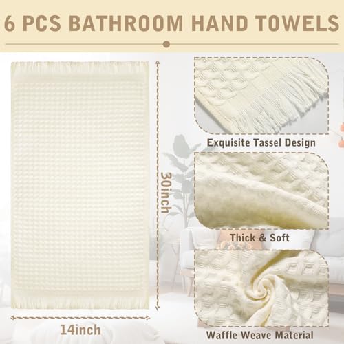 SmoothNovelty 6 Pcs Waffle Hand Towel for Bathroom Kitchen 14 x 30 Inch 100% Soft Cotton Boho Hand Towels Absorbent Decorative Bathroom Towel for Kitchen Hotel Spa Decor Guest Tea Gifts, Beige