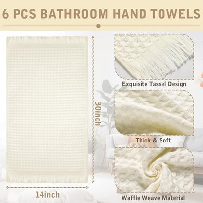 SmoothNovelty 6 Pcs Waffle Hand Towel for Bathroom Kitchen 14 x 30 Inch 100% Soft Cotton Boho Hand Towels Absorbent Decorative Bathroom Towel for Kitchen Hotel Spa Decor Guest Tea Gifts, Beige