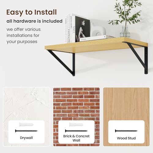 20 Inch Floating Shelves, 10 Inch Deep Oak Wall Shelves Set of 2 | 20'' x 10'' Rustic Wood Shelves with Heavy Duty Brackets, Deep Shelves for Bathroom, Living Room, Engineered Wood, 35LBS - color: Oak, size: 20W x 10D