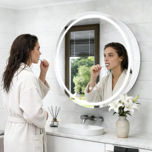 Round Medicine Cabinet with Light,3 Color Temperature,Dimmer,Defogger,32inch,White - color: White, size: 32inch