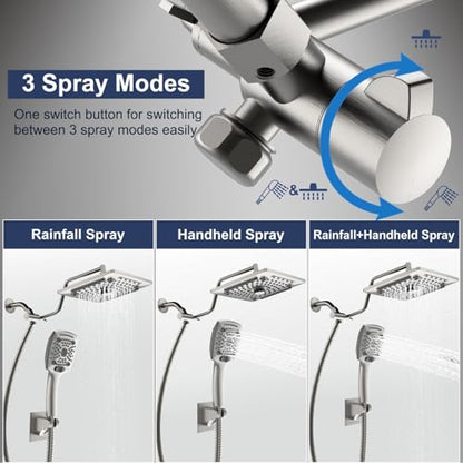 ELLO&ALLO Rain Shower Head with Handheld Spray, Rainfall Shower Head Combo with 60" Hose, Dual Showerhead Set with Adjustable Shower Extension Arm, Brushed Nickel