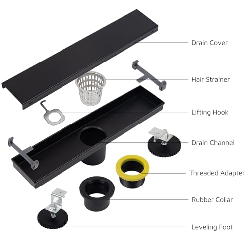 12 Inch Linear Shower Drain Matte Black, Rectangular Reversible 2 in 1 Tile Insert Grate, 304 Stainless Steel Shower Floor Drain Kit, Hair Catcher, Leveling Feet - color: Matte Black, size: 3"x 12"-Tile Insert