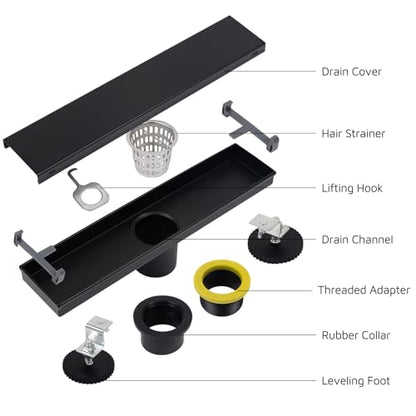 12 Inch Linear Shower Drain Matte Black, Rectangular Reversible 2 in 1 Tile Insert Grate, 304 Stainless Steel Shower Floor Drain Kit, Hair Catcher, Leveling Feet - color: Matte Black, size: 3"x 12"-Tile Insert