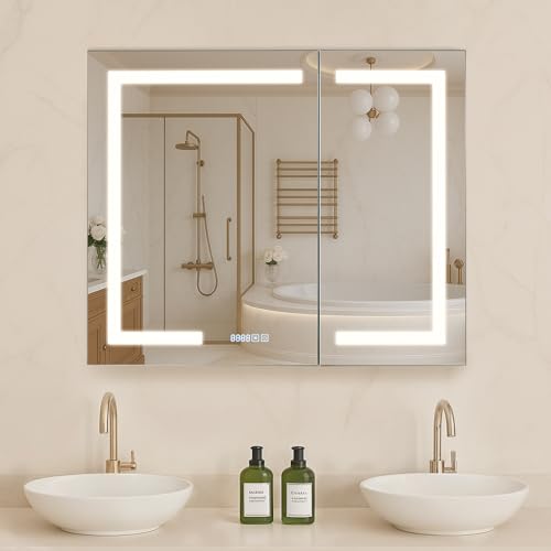 VEVOR Lighted Medicine Cabinet with Mirror, 36 x 30 in Recessed or Wall Mount, 3 Color Dimmable LED Bathroom Medicine Cabinet with HD Mirror, Clock, Adjustable Shelve Storage, Memory Defog Function - size: 36x30 in, style: With time&temp display