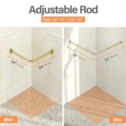 Corner Shower Curtain Rod, [24"-37"] x [24"-37"] Adjustable L Shaped Shower Rod No-Sagging Square 90 Degree Curved Curtain Rod for Bathroom with 12 Hooks & Ceiling Support - Gold - size: 24"-37" x 24"-37"