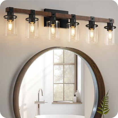 6-Light Bathroom Light Fixture, Vanity Lights for Bathroom with Glass Shade, Rustic Bathroom Light Fixtures, E26 Base F12BD05 - size: 6-Light