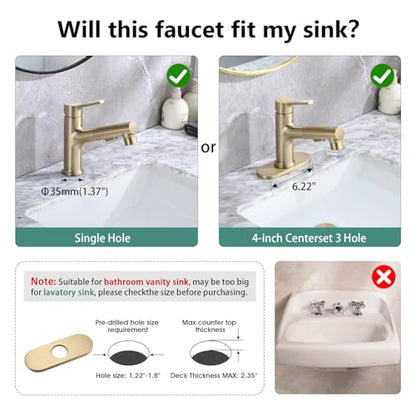 Bathroom Sink Faucet with Pull Out Sprayer, Single Handle Modern Bathroom Basin Faucet with Pop-up Sink Drain Stopper & Deck Plate 1 or 4-inch Centerset 3 Hole, Gold - color: Gold