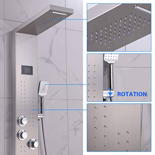 ELLO&ALLO LED Thermostatic Shower Panel Tower System, Rainfall Waterfall Shower Head Rain Massage System with Body Jets - color: Brushed Nickel