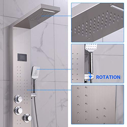 ELLO&ALLO LED Thermostatic Shower Panel Tower System, Rainfall Waterfall Shower Head Rain Massage System with Body Jets - color: Brushed Nickel