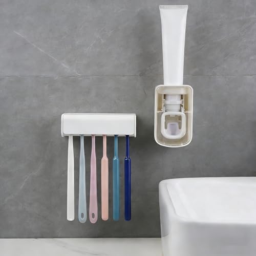 Toothbrush Holder Wall Mounted with Cover for Bathroom, 6 Slots Toothbrush Storage Organizer for Shower, Self Adhesive Toothbrush Hanger with Automatic Toothpaste Squeezer Dispenser (White) - size: Combination A