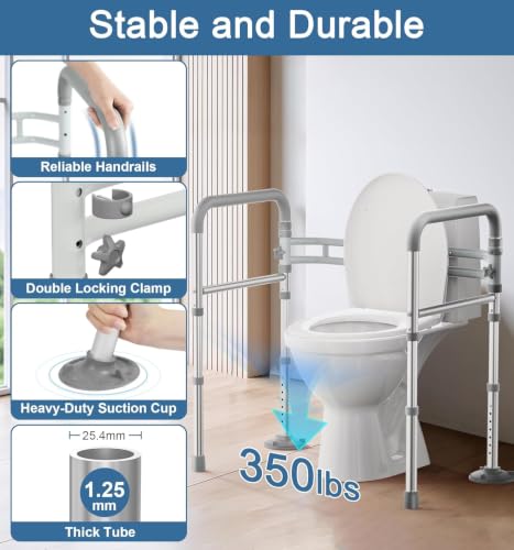 HOMLAND Toilet Safety Rails for Seniors, Adjustable Height & Width, 350 Lbs | Padded Armrests, Foldable Aluminum Toilet Safety Frame, Handicap Toilet Handles for Elderly and Disabled, Fit Any Toilets