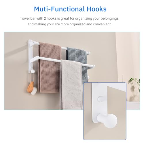 18-Inch Double Towel Rack with Hooks - Space Saving Towel Bar for Bathroom, Stainless Steel Towel Holder, White Finished - color: White, size: 18-Inch