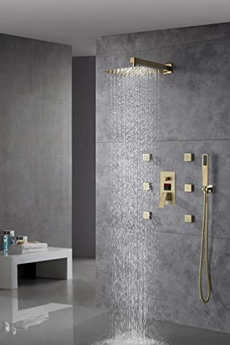 Cascada Digital 12” Wall Mounted Shower System with Single Handle & LCD Display, 3 Functions (Rainfall, Body jets & Handheld) (Antique Brass) - color: Antique Brass