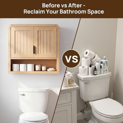 25.4" Bathroom Wall Cabinet with Grooved Doors & Open Shelf, Oak | Grooved Double Doors / Rounded Edges / 3-Position Shelf / Open Storage / Hanging Rail Mount / Natural Oak Finish