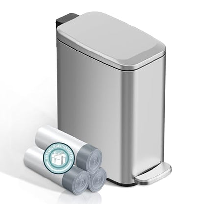 KSSKSS 1.6 Gallon/6L Small Bathroom Steel Step Trash Can, Soft-Close Lid & Fingerprint-Proof, Slim Wastebasket for Narrow Spaces (Silver) - color: Silver