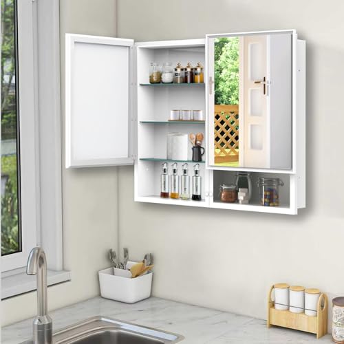 32x26 Inch Bathroom Medicine Cabinet with Mirror, Double Door Wall Mounted Storage with Extra Drawers, Bevel Edge Mirror, Adjustable Shelves, for Recessed or Surface Mount Installation - style: CS5003-3226
