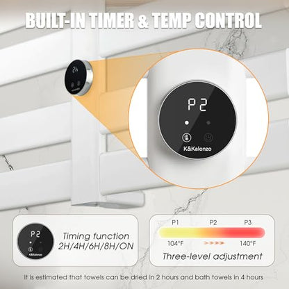 K&KALONZO Electric Towel Warmer Wall Mount Heated Rack Timer, 8-Bar,White | Fast Heat in 2 Min, 3 Heat Levels, Anti-Scald, NTC Safety, Plug-in/Hardwired Aluminum Towel Warmer for Bathroom - color: White, size: 8-Bar