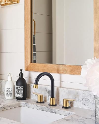 Bathroom Sink Faucet 3 Hole, 8 Inch Widespread Vanity Sink Faucets | Metal Zinc Alloy Gold&Black Bathroom Sink Faucet with Swivel Spout, Two Handles Lead-Free Tap with Drain and cUPC Supply Line - color: Black & Gold