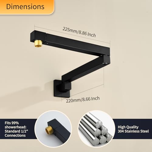 18.5 Inches Straight Extended Pivoting Shower Arm With Flange, Rain Shower Head Extension Arm, Square 360°Swiveling Foldable Shower Arm, Wall-Mounted Matte Black Stainless Steel ﻿