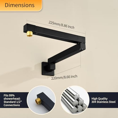 18.5 Inches Straight Extended Pivoting Shower Arm With Flange, Rain Shower Head Extension Arm, Square 360°Swiveling Foldable Shower Arm, Wall-Mounted Matte Black Stainless Steel ﻿