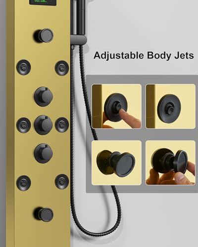 Homevacious Polished Gold 5 In 1 Shower Panel Tower System Stainless Steel | LED Rain Waterfall Shower Head and Adjustable Massage Body Jets 3 Settings Handheld Head and Tub Spout Bathroom Panel - color: Polished Gold