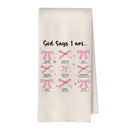 Coquette Christian Kitchen Towels - Pink Coquette Decorative Waffle Weave Dish Towels, God Says I Am Hand Towels, Christian Gifts Tea Towel, Bible Gifts, 16×24 Inches - color: Christian- 04
