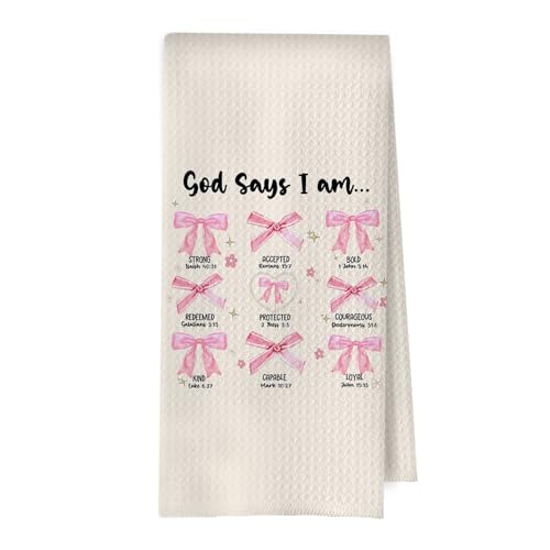 Coquette Christian Kitchen Towels - Pink Coquette Decorative Waffle Weave Dish Towels, God Says I Am Hand Towels, Christian Gifts Tea Towel, Bible Gifts, 16×24 Inches - color: Christian- 04
