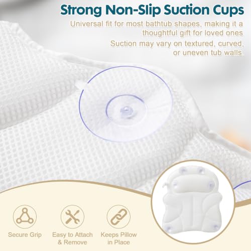 Bath Pillows for Tub, Bathtub Pillow for Head & Neck, Spine-Line Groove | Extended Wings | Spine-Line Groove | Extra Thick Headrest | Quick-Dry 4D Air Mesh | 6 Non-Slip Suction Cups | Laundry Bag