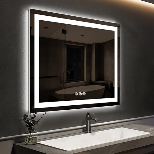 ROOMTEC 30x30 Inches LED Bathroom Mirror with Lights, Vanity Mirror with Front and Backlight, Smart Dimmable Anti-Fog LED Mirror for Bathroom, Memory Function, Tempered Glass (Horizontal/Vertical) | Anti-Fog, Dimmable, Memory Function, Bathroom Vanity Mir