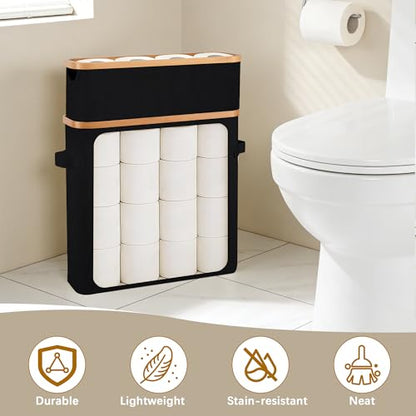 Livole Toilet Paper Storage Basket with Lid & Toilet Tank Basket | Free Standing, Large Capacity for 20 Regular Rolls or 15 Mega Rolls, Dual Handles, Clear Side Window, Bathroom, Black - color: Black