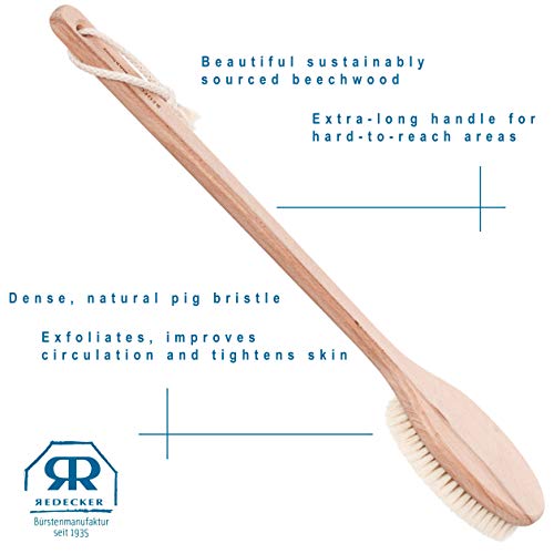 REDECKER Extra Long Beechwood Bath Brush - Natural Pig Bristle Body Brush for Showering, Back Scrubbing, Exfoliating, Dry Brushing and Lymphatic Drainage - Perfect for Hard-to-Reach Areas - size: 19-1/2-Inches