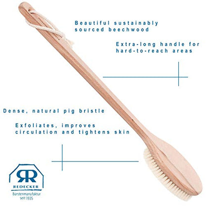 REDECKER Extra Long Beechwood Bath Brush - Natural Pig Bristle Body Brush for Showering, Back Scrubbing, Exfoliating, Dry Brushing and Lymphatic Drainage - Perfect for Hard-to-Reach Areas - size: 19-1/2-Inches