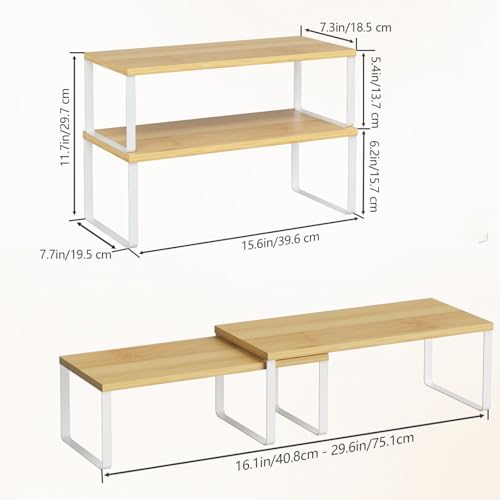NEX Kitchen Cabinet and Counter Shelf Organizer, Stackable & Expandable, Set of 4, White and Natural - 7.7 x 15.6 x 6.2'' | Stackable Expandable Spice Rack, Space-Saving Pantry Organizers Bathroom Countertop Storage, White and Natural - color: Cloud White