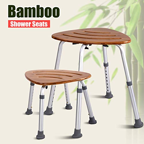 Goplus Bamboo Bath Seat, Waterproof Bathroom Shower Seat, Triangular Fanshaped with Slip-Resistant Rubber Bathroom Organizer, Weight Capacity: 350 Lbs