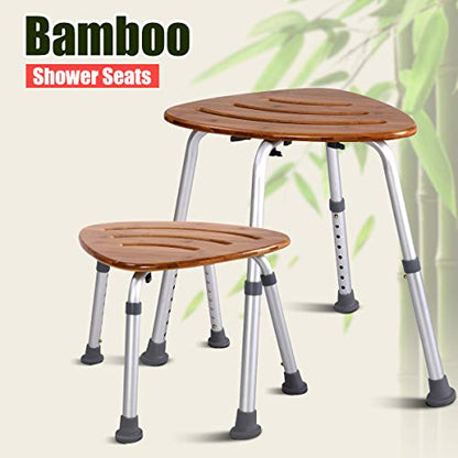 Goplus Bamboo Bath Seat, Waterproof Bathroom Shower Seat, Triangular Fanshaped with Slip-Resistant Rubber Bathroom Organizer, Weight Capacity: 350 Lbs
