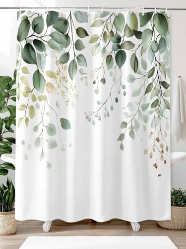 Waterproof Fabric Shower Curtain Green Eucalyptus Spring Botanical Leaves Shower Curtains for Bathroom, Quick-Drying, Machine Washable 72x72 Inch