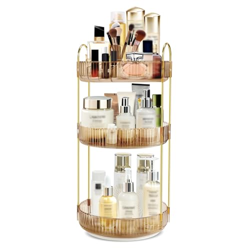 360 Rotating Makeup Organizer, 3 Tier Vanity Counter Storage (Gold) | Clear Acrylic-Like Trays with Gold Frame, 360° Spinning, for Vanity, Bathroom, Perfume, Cosmetics, Skincare - color: New-GOLD2