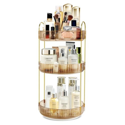 360 Rotating Makeup Organizer, 3 Tier Vanity Counter Storage (Gold) | Clear Acrylic-Like Trays with Gold Frame, 360° Spinning, for Vanity, Bathroom, Perfume, Cosmetics, Skincare - color: New-GOLD2