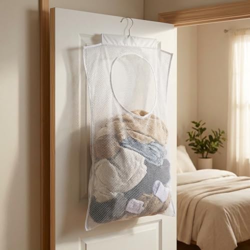 Hanging Laundry Hamper 2 Pack with Bottom Zipper & Sturdy Hooks, Large Capacity Mesh Foldable Over The Door Laundry Bag, Space Saving Storage for Bathroom Bedroom Closet Dorm RV Apartment Small Spaces